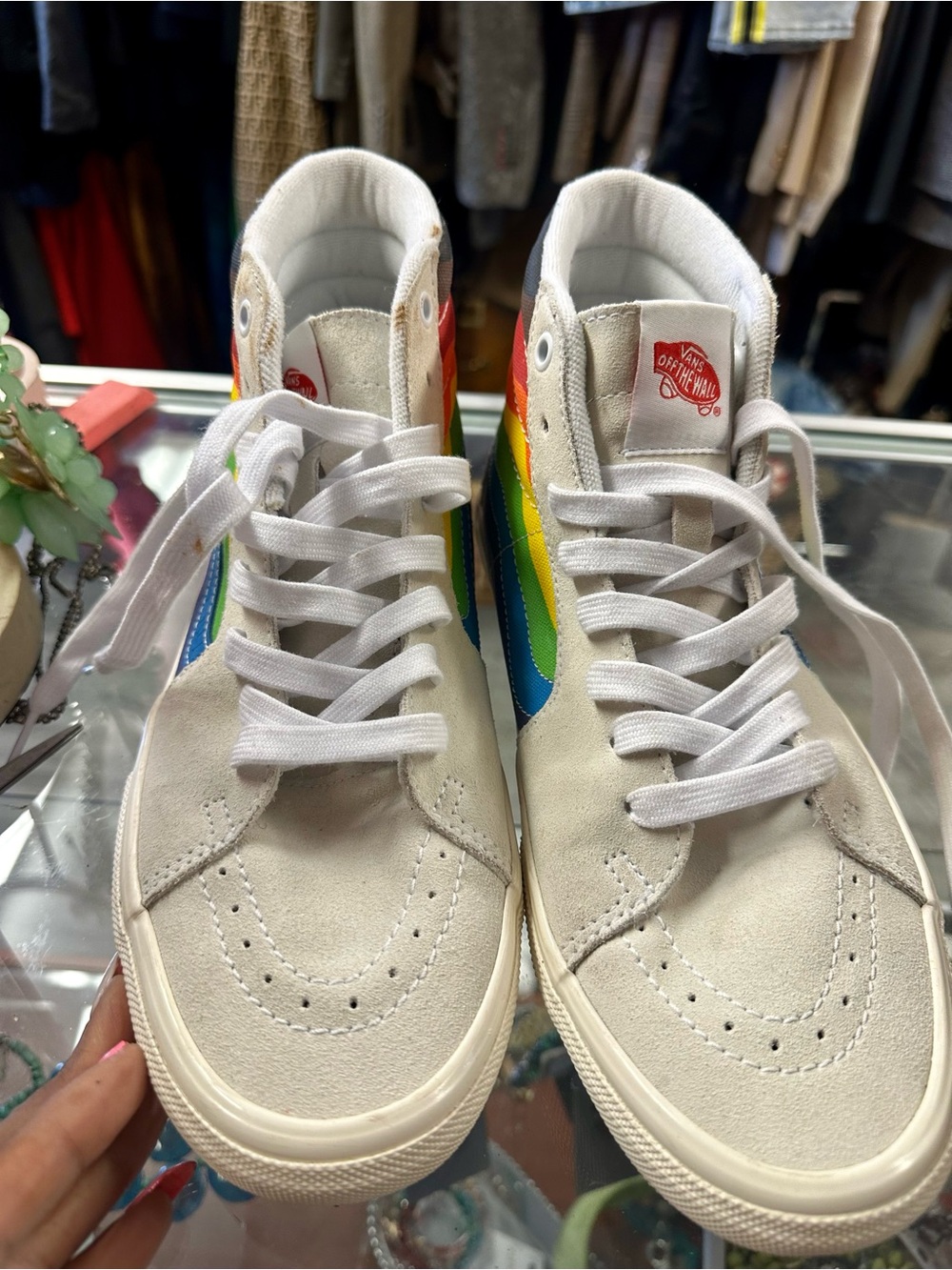 Vans White High-Top Sneakers with Rainbow Side Stripe
